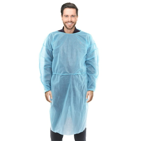 Blue Disposable Gowns, X-Large. Pack of 10 PPE Gown, 45 Inch Long. 30 GSM Polypropylene Disposable Isolation Gowns. Surgical Gown with Long Sleeves, Neck and Waist Ties