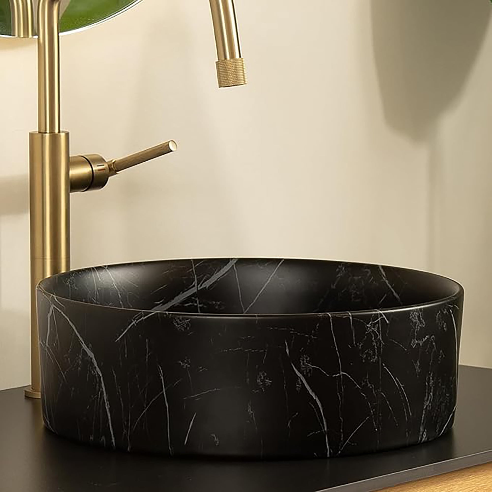 Wohh 14 Inch Round Bathroom Sink with Stone Pattern, Small Black Ceramic Integrated Countertop Vessel Sink, 14.17 x 4.72 Inch Durable Porcelain Vanity Basin for Home, Office & Commercial Use