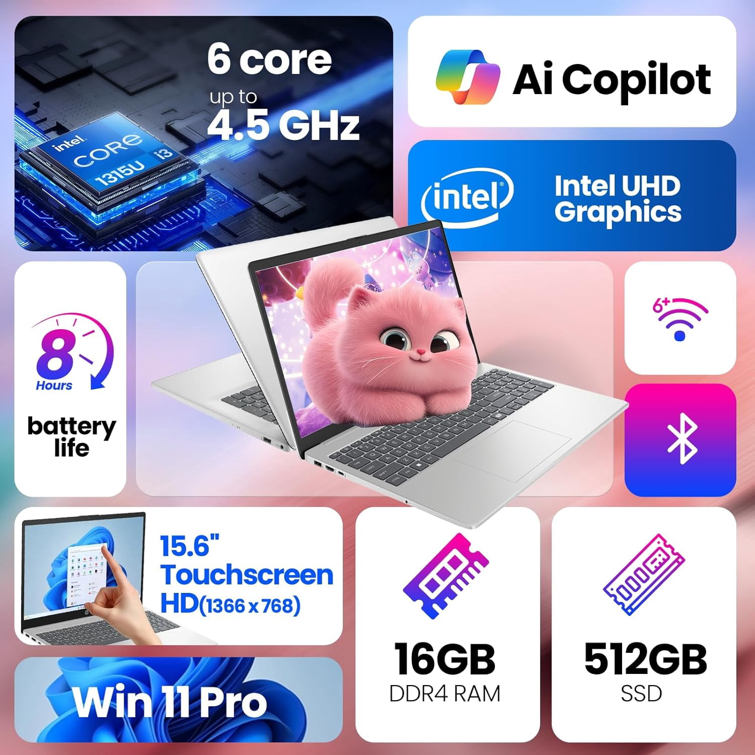 HP 15.6" Touchscreen Business & Student Laptop - Intel i3 1315U(Up to 4.5GHz) • 16GB RAM, 512GB SSD • 15.6" HD Display • Wi-Fi 6 • AI Copilot • Win 11 Pro • w/Bundle Accessories