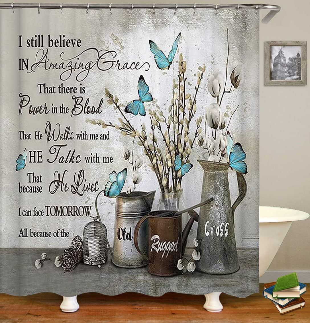 4PCS Farmhouse Shower Curtain Set, Bless This Home Cotton Flower Teal Pitcher Vase Moroccan Country Rustic Bathroom Decor, Waterproof Fabric White Shower Curtain, Non-Slip Bath Mat Toilet Rug