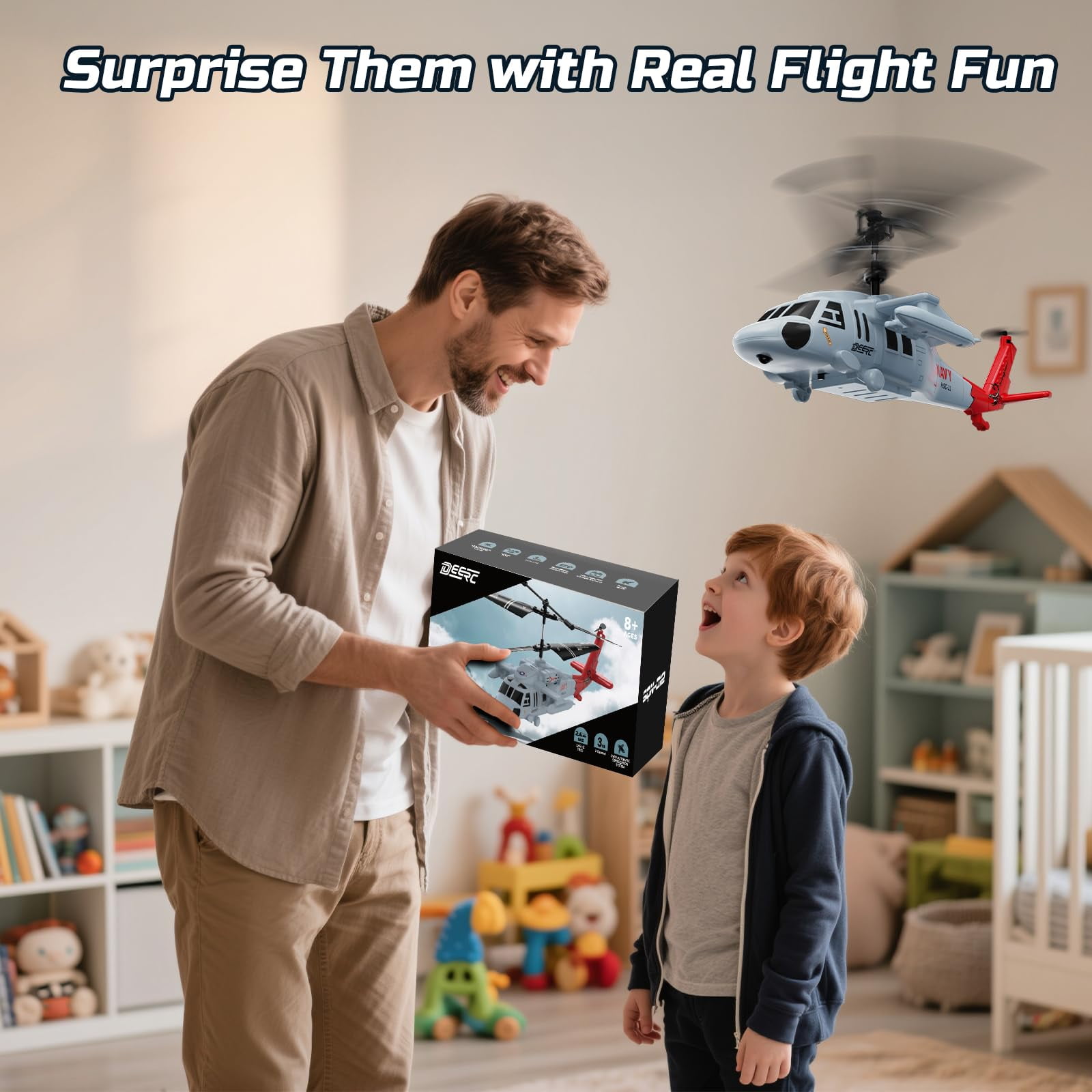 DEERC Black Hawk RC Helicopter for Kids, 2.4GHz Remote Control Helicopter for Adults, 26 Mins Flight, LED Lights, Altitude Hold, One-Key Take Off, Indoor Friendly, Helicopters Toy for Boys 8-12 Boys