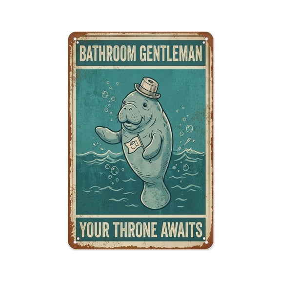 Bathroom Gentleman Manatee Funny Bathroom Sign Metal Tin Sign Wall Decor Wall Art Vintage Room Decoration Tin Painting Poker Room Poster for Home Man Cave Bar Cafe Store Garage Or Club 12x8 Inches