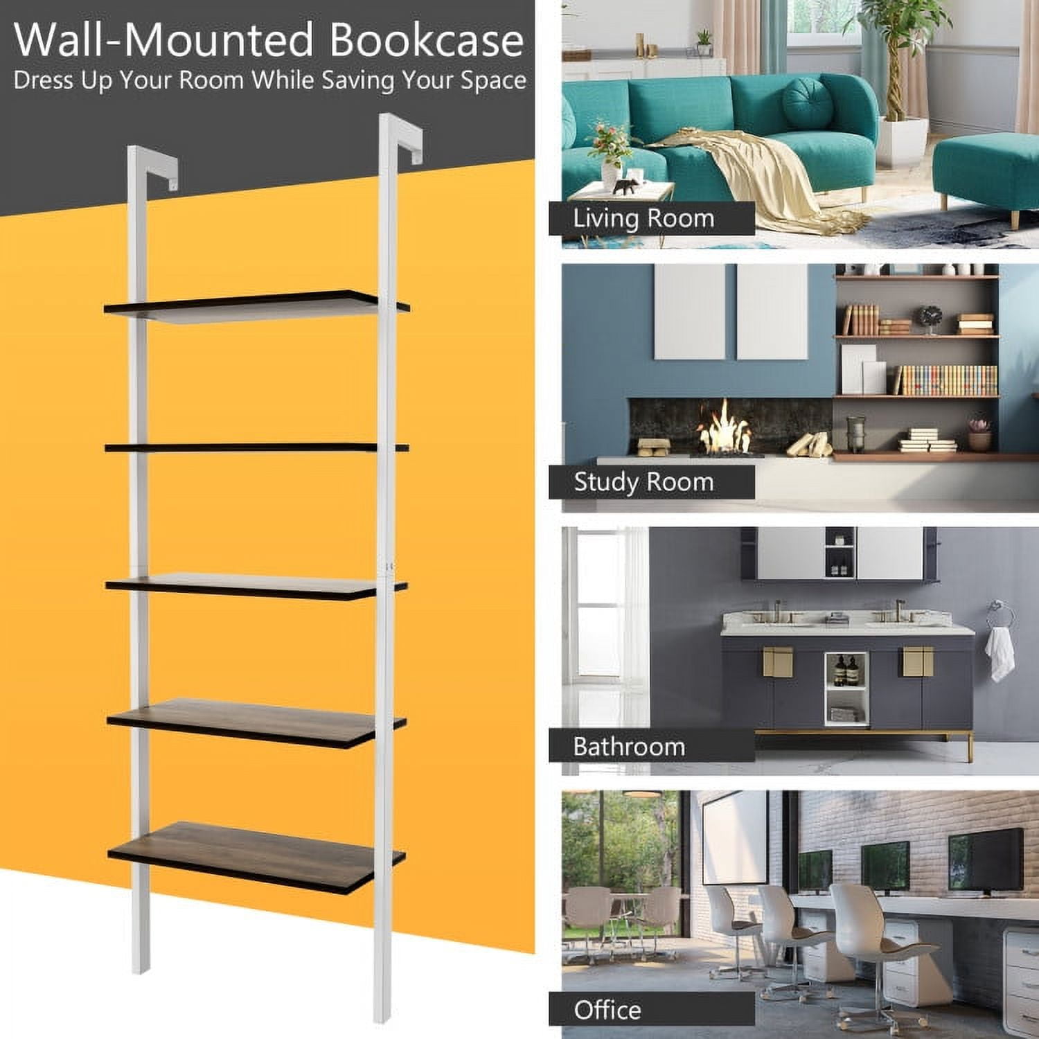 Demi Bonn 5-Tier Wood Look Ladder Shelf with Metal Frame for Home, Multipurpose Open Bookshelf, White