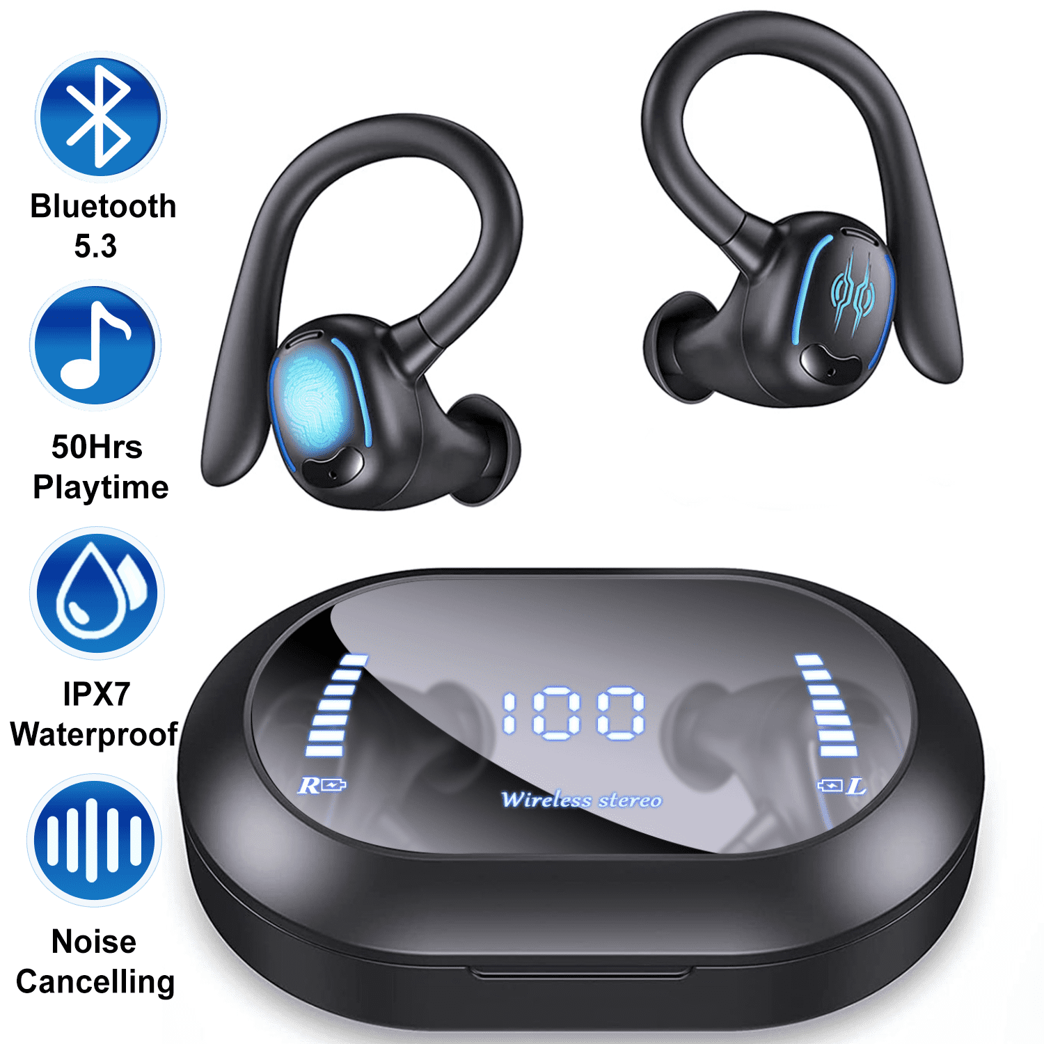 ABCPOW Wireless Earbuds for iPhone Android,Bluetooth 5.3 Headphones 60H Playtime IPX7 Waterproof Over-Ear Earphones w/ Earhooks&Charging Case Noise Cancelling Mic Headsets True Wireless Earbuds