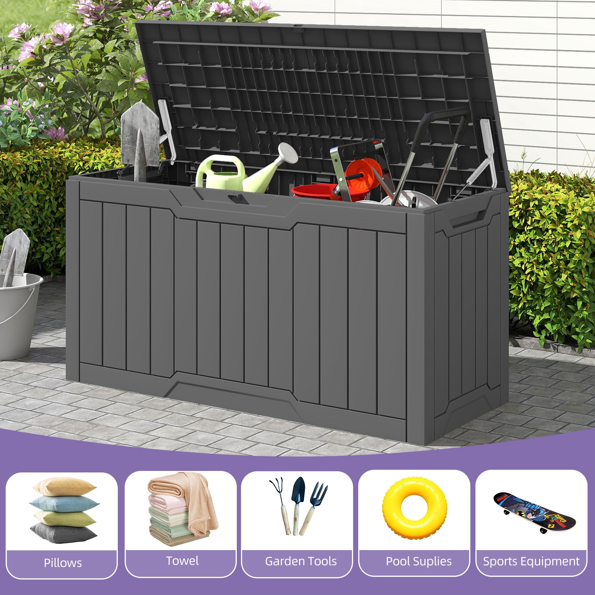 Uforic 80 Gallon Resin Deck Box, Outdoor Storage Box, Lockable Weather Resistant Container for Patio Garden Home Essentials, Dark Gray