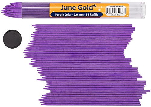 June Gold 36 Purple Colored 2.0 mm Lead Refills, Bold Thickness for Heavy Use, Break Resistant with a Convenient Dispenser