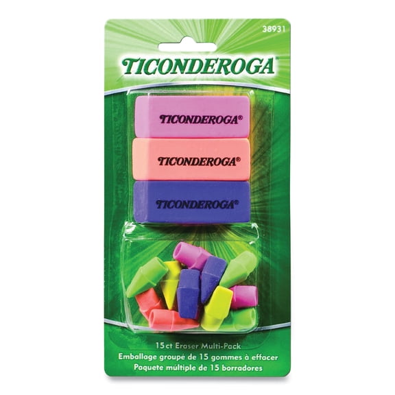 NEON ERASER MULTIPACK, FOR PENCIL MARKS, (12) END-CAP ERASERS, (3) BLOCK ERASERS, ASSORTED COLORS