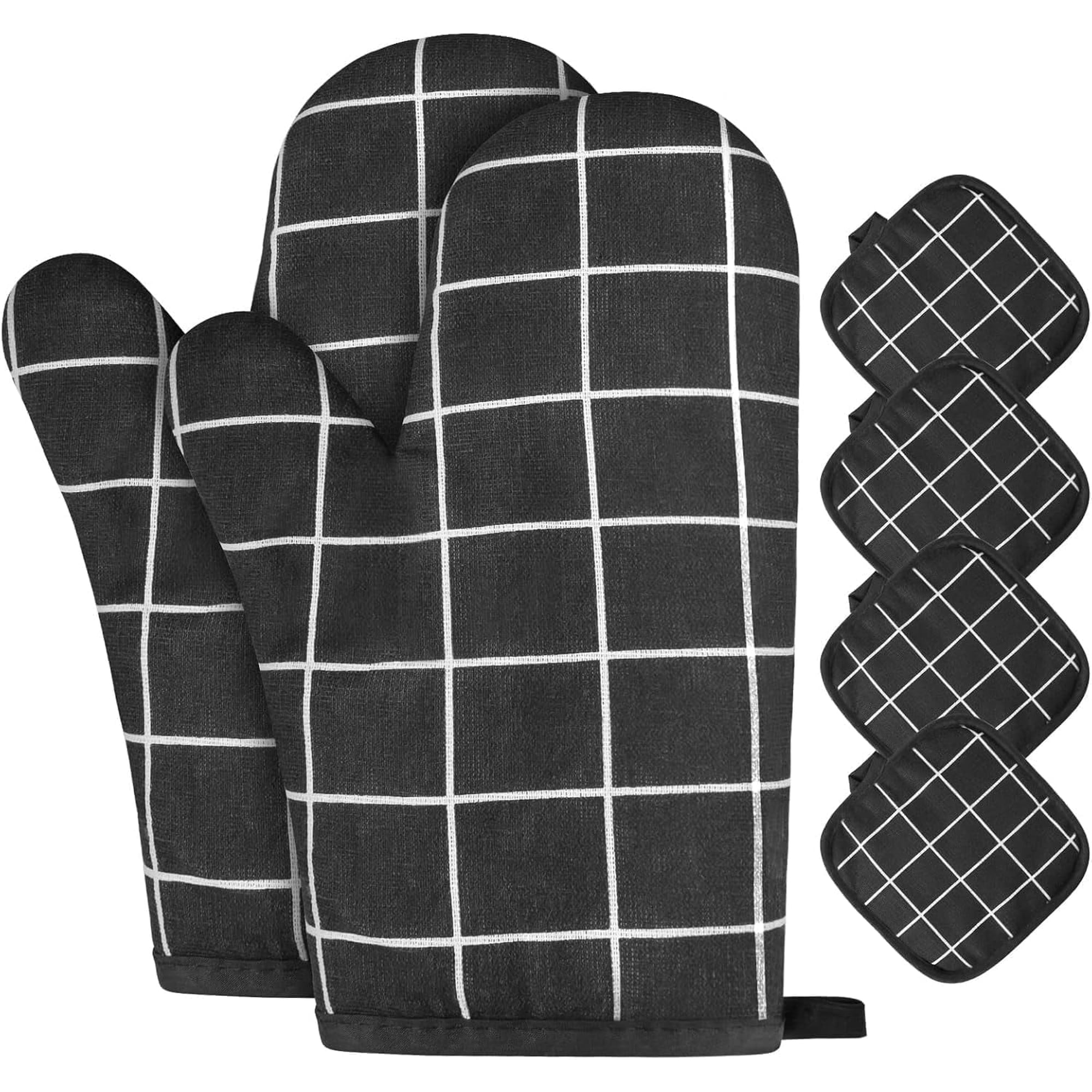 HEETLY Pot Holders and Oven Mitts Set, 6 Piece Cotton Kitchen Set (2 Oven Mitts + 4 Pot Holders), Heat Resistant 392°F for Cooking Baking Grilling