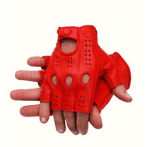 Driving Half Finger Finger less Knuckle Holes For Men Genuine Motorcycle Leather Gloves Red M