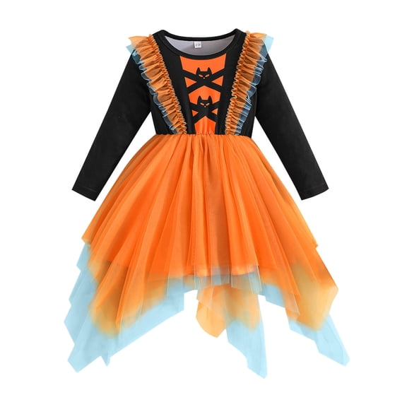 Bobifish Toddler Girls Halloween Dress Long Sleeve Ruffles Mesh Irregular Hem Tutu Dress Theme Party Children Girls Dress