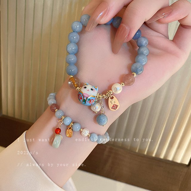Pulsera de gatito de cristal de perlas de moda, pulsera de niña con temperamento lindo, joyería de personalidad con diseño de nicho (2 colgantes de jade de gato de la suerte) JM