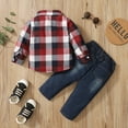 thumbnail image 4 of 18 Months Baby Boys Outfits 24 Months Boys 2PCS Fall Winter Clothing Set Toddler Boys Long Sleeve Plaid Top Denim Pants Set Red and White, 4 of 8