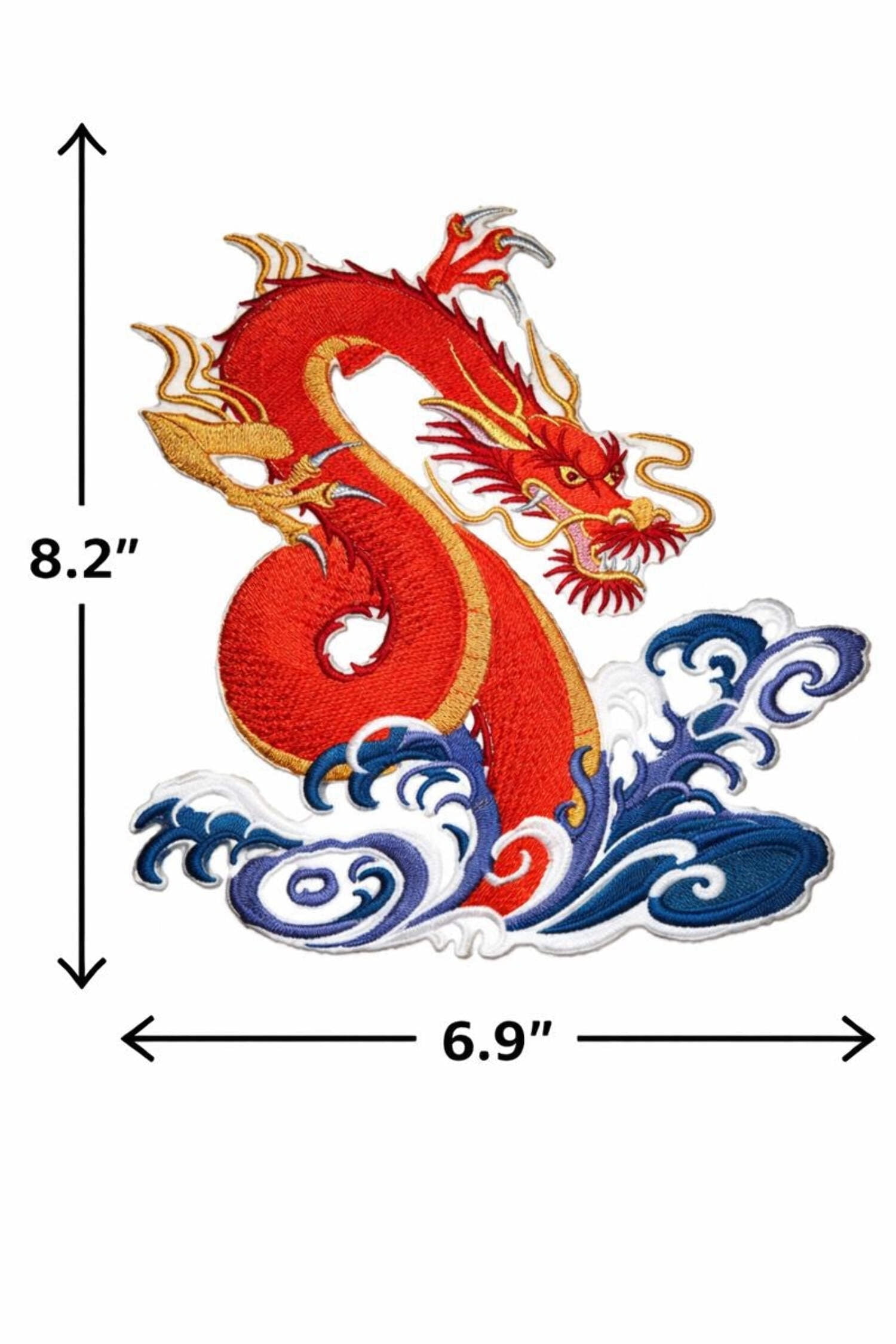 Whirling Waves - Dragon Embroidery Iron On/Sew Patch [6.9" X 8.2"]