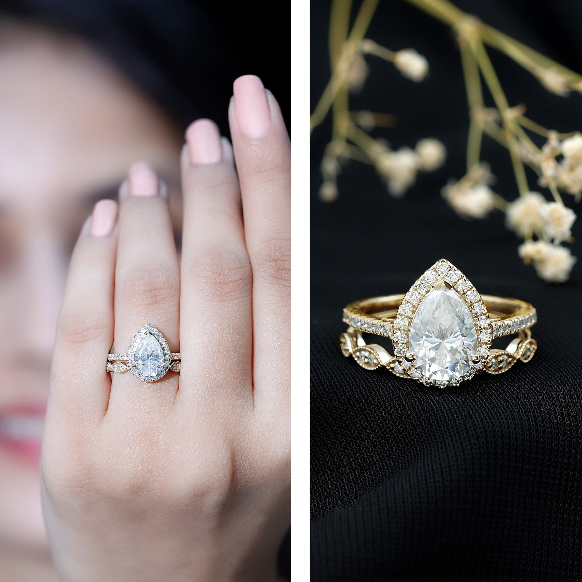 Rosec Jewels Pear Shape Cubic Zirconia Ring Set for Women, Wedding Engagement Ring Set, 10K Yellow Gold, US 4.00