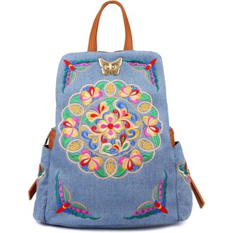 Embroidery Canvas Anti-theft Backpack Purse, Fashion Travel Rucksack Backpack Purse For Women Casual Vintage Drawstring Anti  main image 4