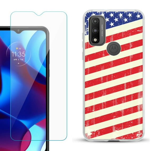 Slim-Fit Gel TPU Phone Case for Motorola Moto G Pure, with Tempered Glass Screen Protector, by OneToughShield ® - Flag / USA