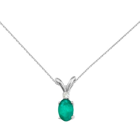 - 14k White Gold Emerald and Diamond Oval Pendant with 18