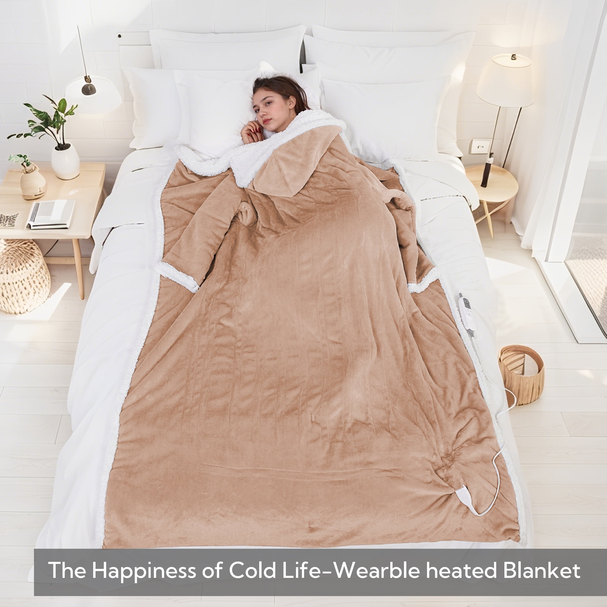 SUNNY HEAT Heated Wearable Blanket with Pockets and Hood, 50"x70",Soft Flannel & Sherpa,1-12H Timer, Machine Washable, Khaki