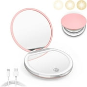 LED Travel Makeup Mirror, 1X/3X Compact Mirror, 3.5 inch Portable Handheld 2-Sided Mirror, Pink