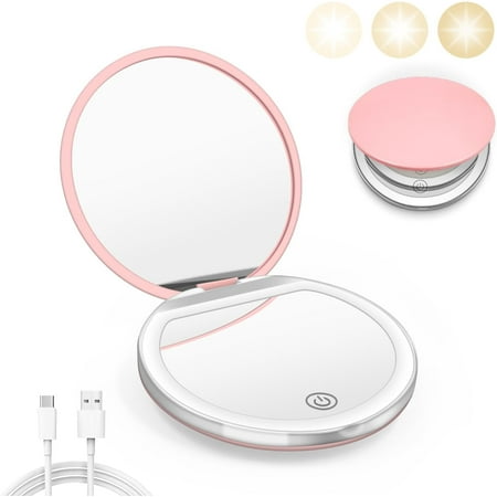 LED Travel Makeup Mirror, 1X/3X Compact Mirror, 3.5 inch Portable Handheld 2-Sided Mirror, Pink