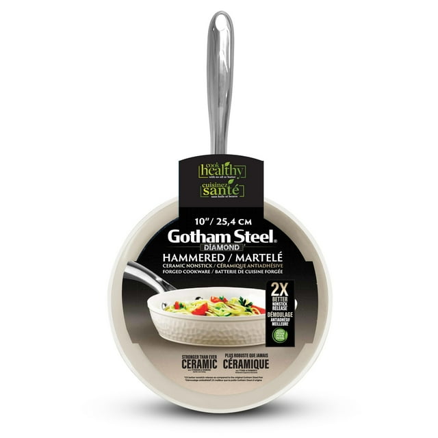 Gotham Steel 10-inch cream hammered ceramic nonstick fry pan with stainless steel handle, dishwasher safe and induction compatible
