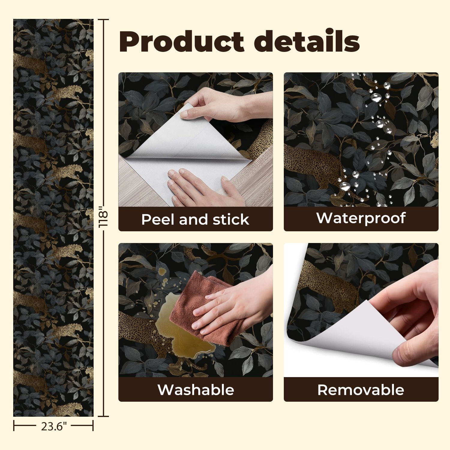 Peel and Stick Wallpaper Leopard Gold Leaves Dark Wall Mural 23.6in x 9.8ft Self Adhesive Removable Wall Paper Renter Friendly Wallpaper for Nursery Bedroom Cabinets