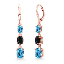 Gem Stone King 18K Rose Gold Plated Silver Swiss Blue Topaz 3 Stone Dangle Earrings for Women (6.30 Cttw, Gemstone November Birthstone, Oval 8X6MM, 7X5MM and 6X4MM)