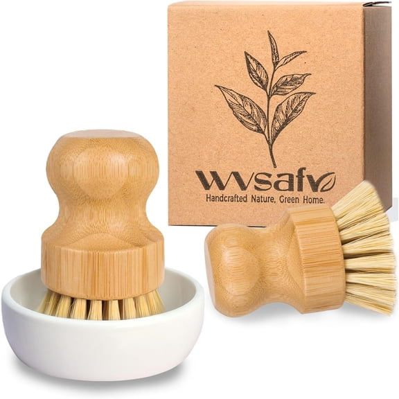 WVSAFV Bamboo Dish Brush, Eco Friendly Sisal Scrubber Brush with Ceramics Holder-Wooden Brush for Pot,Dish and Vegetables (Ceramic Dish  2P Sisal)