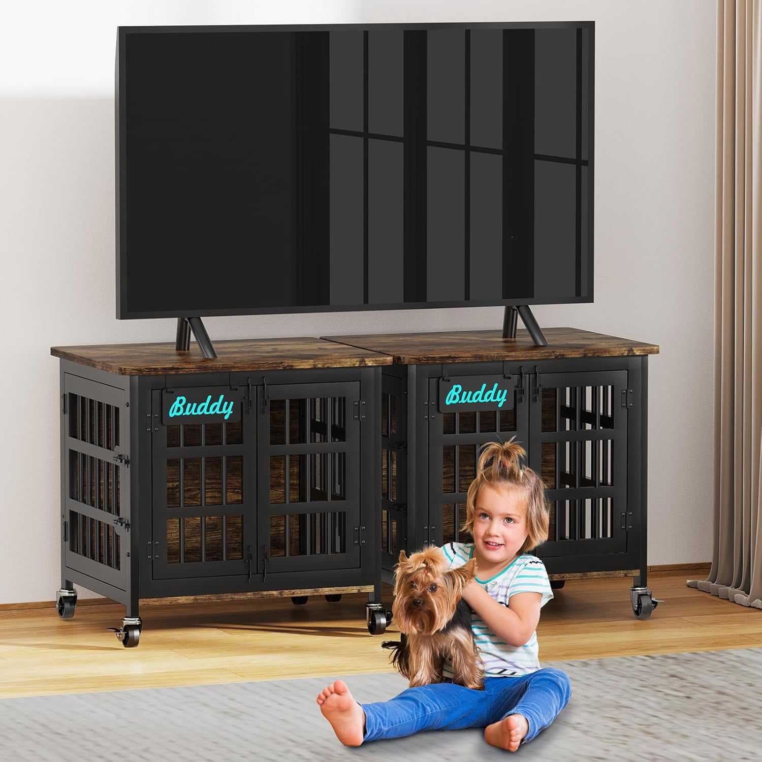 POAO 27"Dog Crate Furniture with Name Tag,Heavy Duty Dog Kennel Indoor for Small Dogs,Double-Door Sturdy Furniture Style End Table for Anxiety Dog