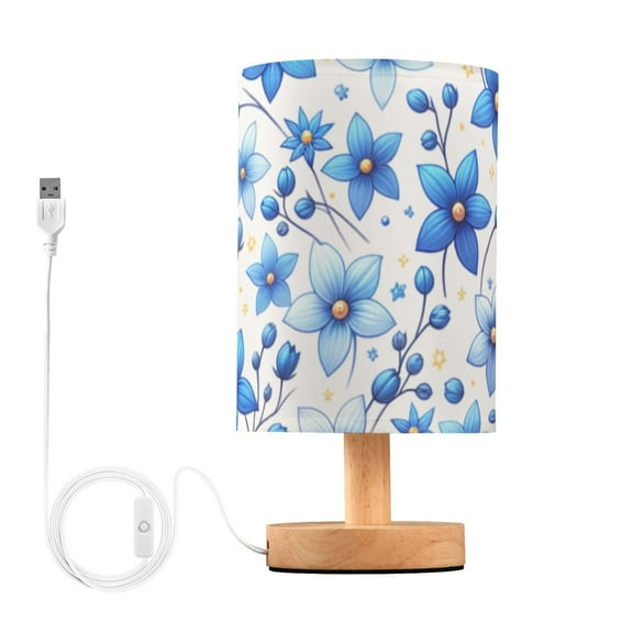 Cute Blue Flowers Table Lamp USB Bedside Desk Nightstand Lamp Printed Gifts Small Lamp Wood Base for Bedroom Living Room Kids Room College Dorm