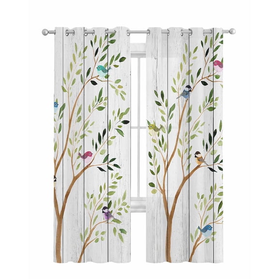 Birds Sheer Curtains 84 Inch Length 2 Panels Set for Living Room/Bedroom, Spring Branch Leaves Animals Country Wooden Grain Kitchen Curtains Grommet Semi-Sheer Curtains Window Treatments 42"x84"x2