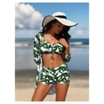 thumbnail image 2 of 2026 New module Women's White Green Palm Leaf Print 3-Piece Swim Set - Ruched Bikini Top with High Waisted Bottom Long Sleeve Cover-Up Kimono for Beach, Pool, Vacation S-XL, 2 of 5