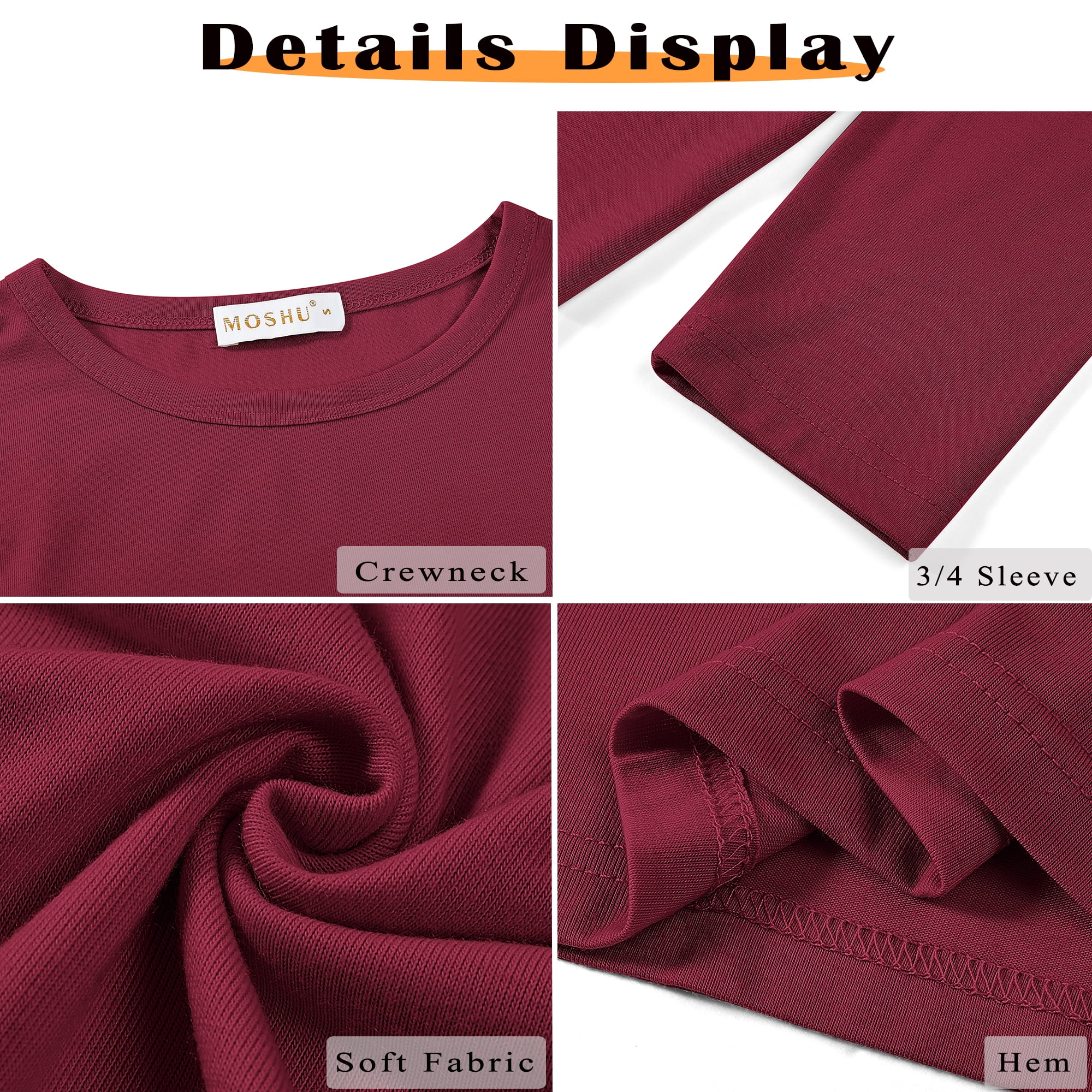 MOSHU 3 Pack 3/4 T Shirts for Womens Crew Neck Womens Plus Size Shirts Dressy Basics Tees Casual Loose Fit Fall Tops