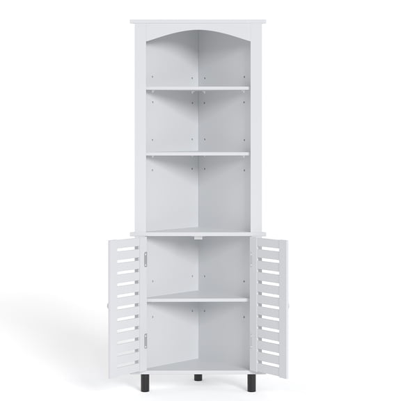 VECELO Tall Corner Cabinet, Wooden Freestanding Storage Cabinet with 3 Open Shelves & 2 Doors, Adjustable Shelves, Large Capacity Storage Organizer for Bathroom, Living Room, Kitchen, Pure White
