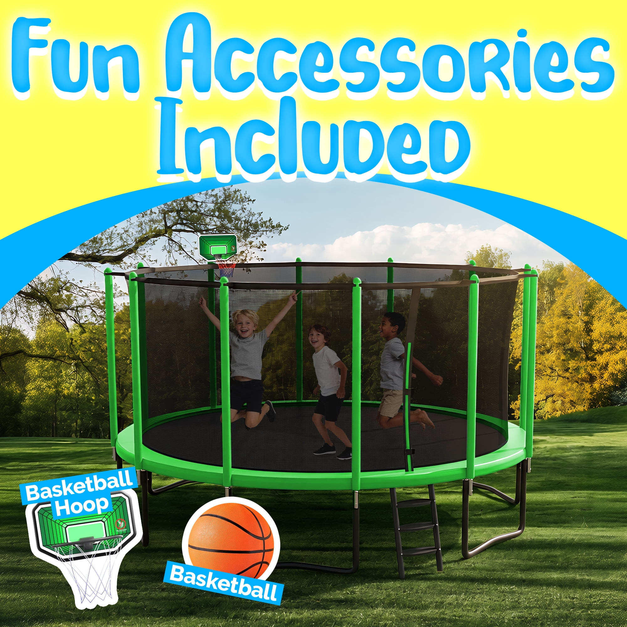 YORIN Trampoline with Enclosure Net, 1400LBS 14FT Trampoline for 5-6 Kids Adults, Recreational Trampolines with Basketball Hoop, Ladder, Galvanized Outdoor Heavy Duty Trampoline