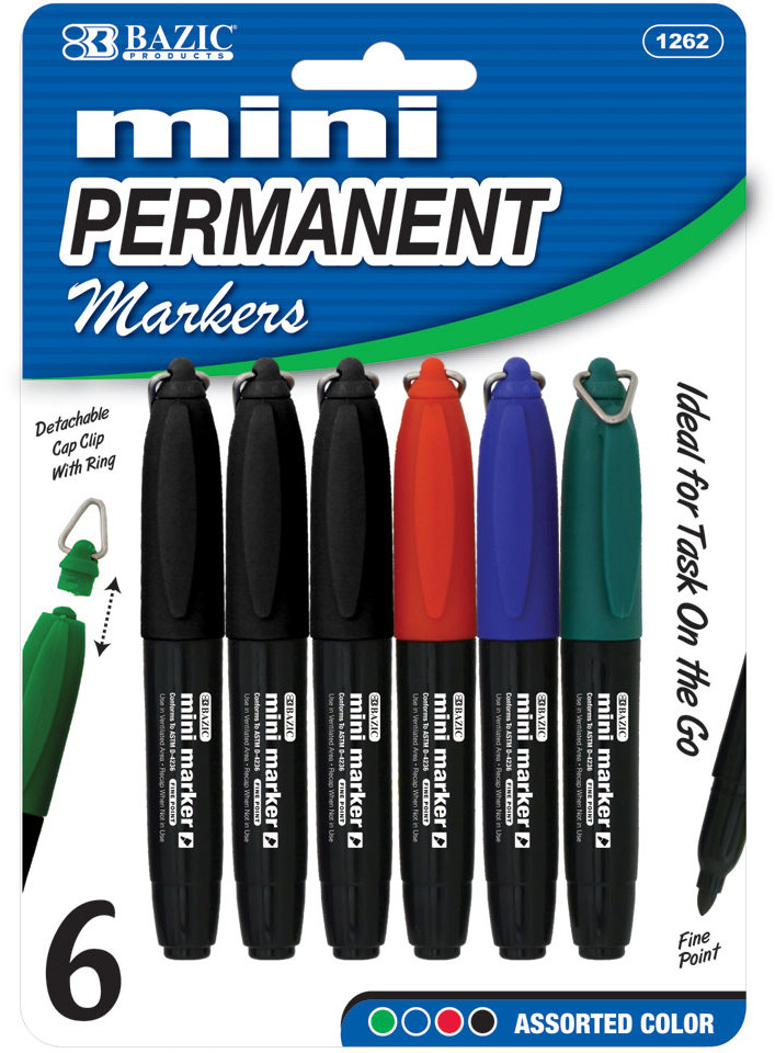 BAZIC Assorted Color Mini Fine Point Permanent Marker w/ Cap Clip (6