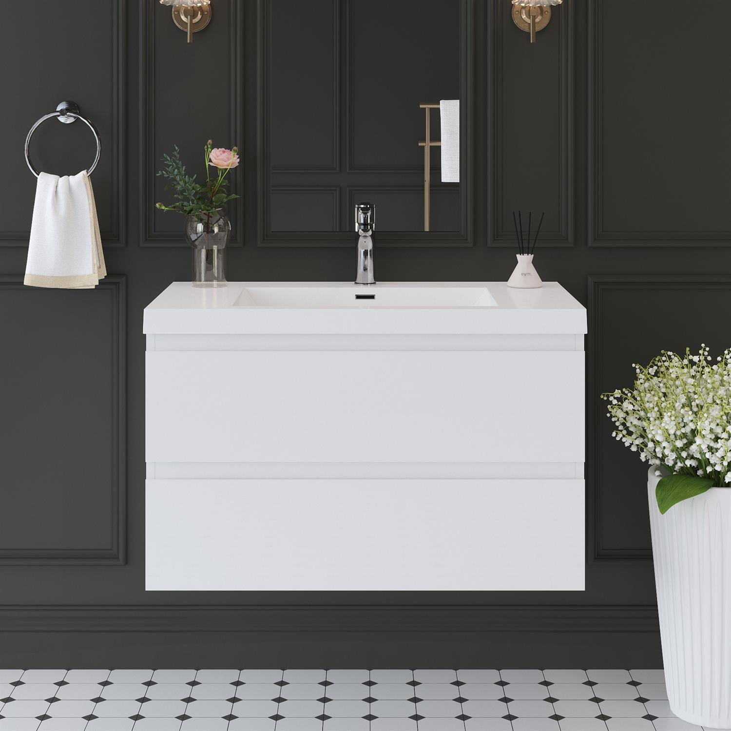 Demi Bonn 36" Floating Bathroom Vanity with Sink, Resin Top Basin and 2 Soft Close Drawers, Faucets and Drains Not Included, White