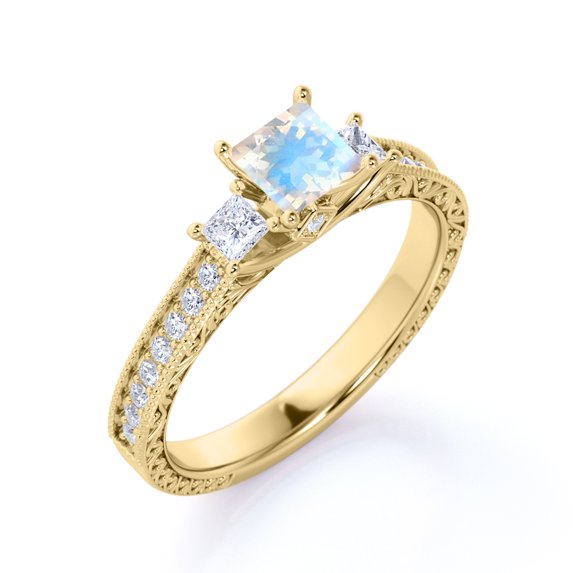 Edwardian 1.25 Carat Princess Cut Moonstone and Moissanite 3 Stone Wedding Ring - 18k Yellow Gold over Silver