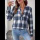 thumbnail image 5 of Camisas A Cuadros con Cuello en V para Mujer, Elegantes, Informales, con Botones, Estilo Bohemio, para el Trabajo, de Larga, para Otoño. Azul Marino M, 5 of 9