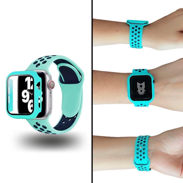 Correas para Apple Watch compatible con 45mm + Case protector de pantalla con Cristal Templado. Estilo Sport, ideal para hacer ejercicio. Mamá Pulpo Sport con case