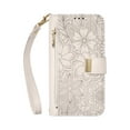 thumbnail image 6 of ELEHOLD Floral Embossed Leather Wallet Case for iPhone 16e with Zipper Cash Slot, Card Holder Shockproof TPU Anti-Scratch Flip Stand Wallet Case Cover With Detachable Strap , Beige, 6 of 12