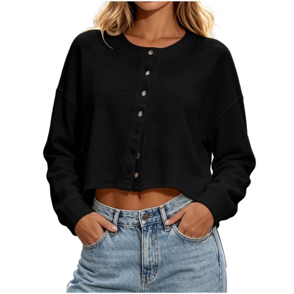 KyCheLot Womens Cropped Cardigan Button Round Neck Solid Color Long Sleeve Clothes Comfy Lightweight Cardigan