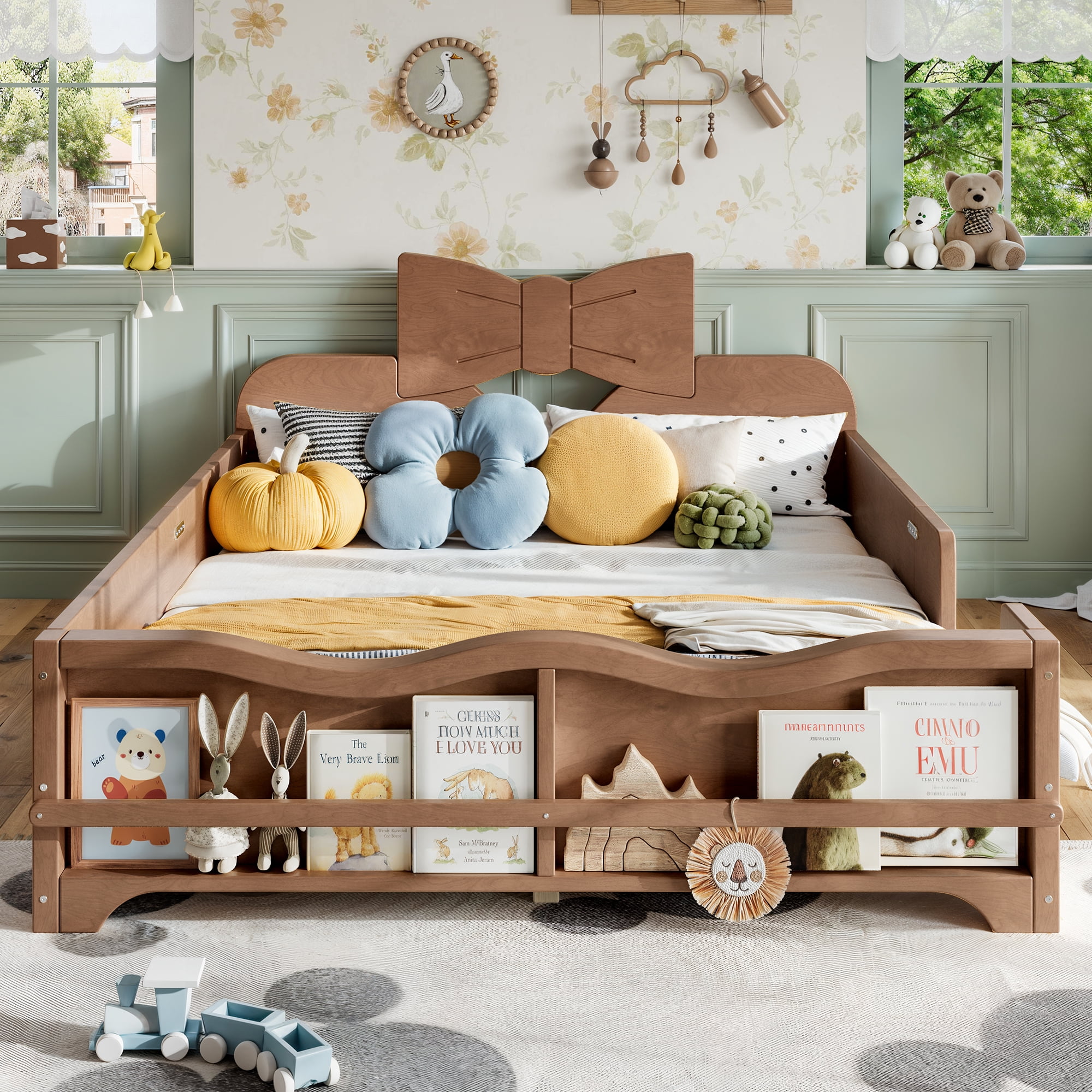 Leumius Full Platform Bed,Modern Wood Frame Bed with Full Surround Guardrails & Built-in Side Bookshelf for Kids Room,No Box Spring Needed,Deep Natural