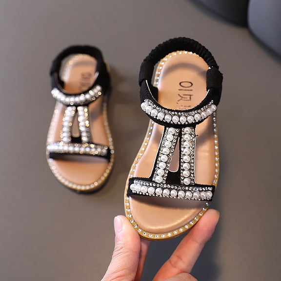 Girls Rhinestone Pearl Sandals Open Toe Elastic Strap Summer Shoes Flat Sandals For Kids Black Size 4.5-5 Years