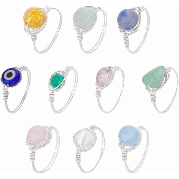 1set 10Pcs Rings 10 Styles Adjustable Gemstone Rings Copper Wire Wrapped Ring Irregular Colorful Gem Ring for Women Silver