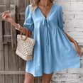 thumbnail image 2 of LNWUY Women's Summer Linen Dress Laceup V Neck Loose Short Sleeve A-Line Vacation Solid Color Casual Mini Dresses Blue XL, 2 of 7