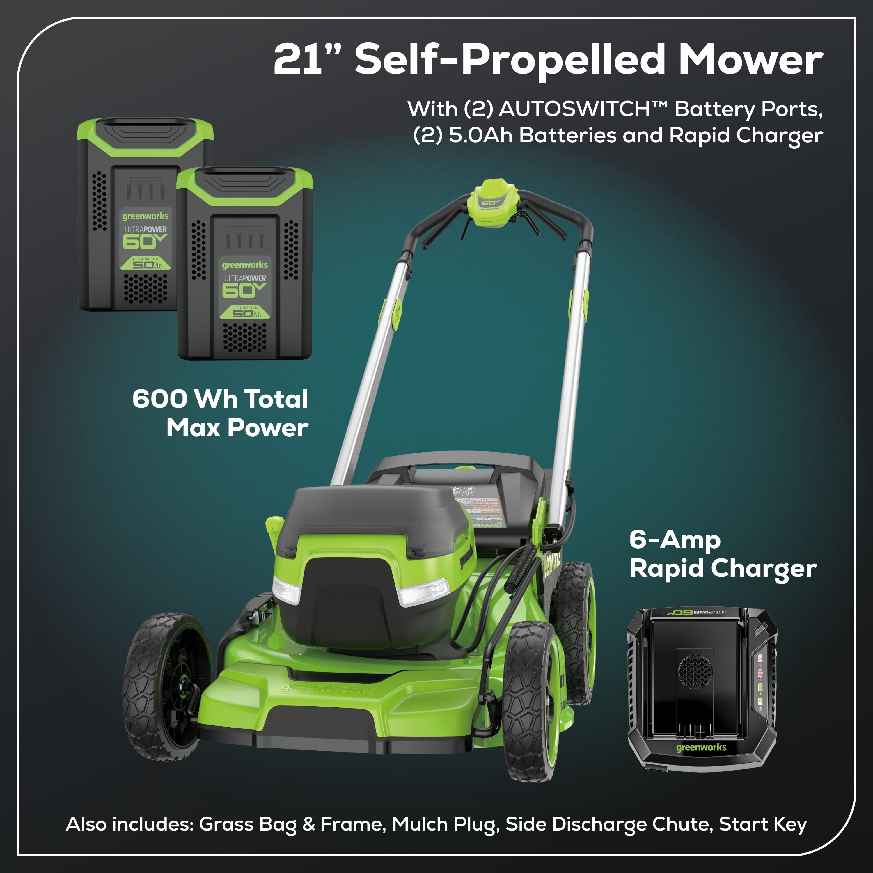 Greenworks 60V 21” Self-Propelled Lawn Mower with (2) 5.0 Ah Batteries & Rapid Charger 2546202