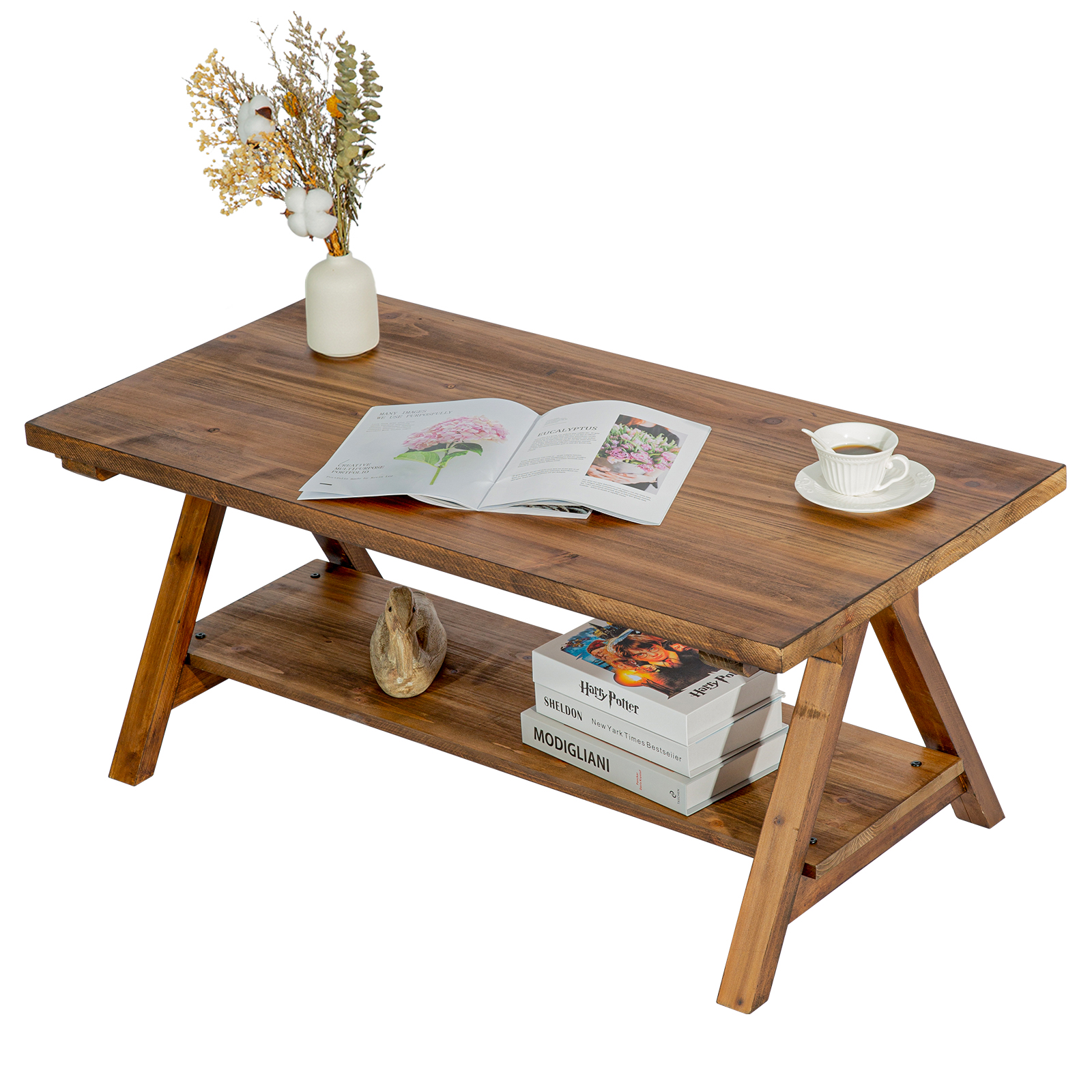 42.5” Rustic Solide Wood Coffee Table with Shelf, Coffee Center Table for Living Room, Mid Century Modern Rectangle, Oak