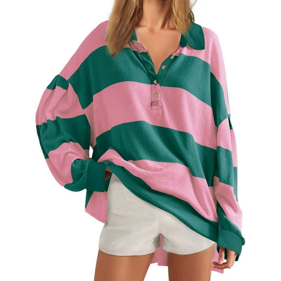 LEBONYARD Hoodies for Women Clearance $10,Women's New Casual Loose Fashion Striped V-neck Long-sleeved Blouse Pink S
