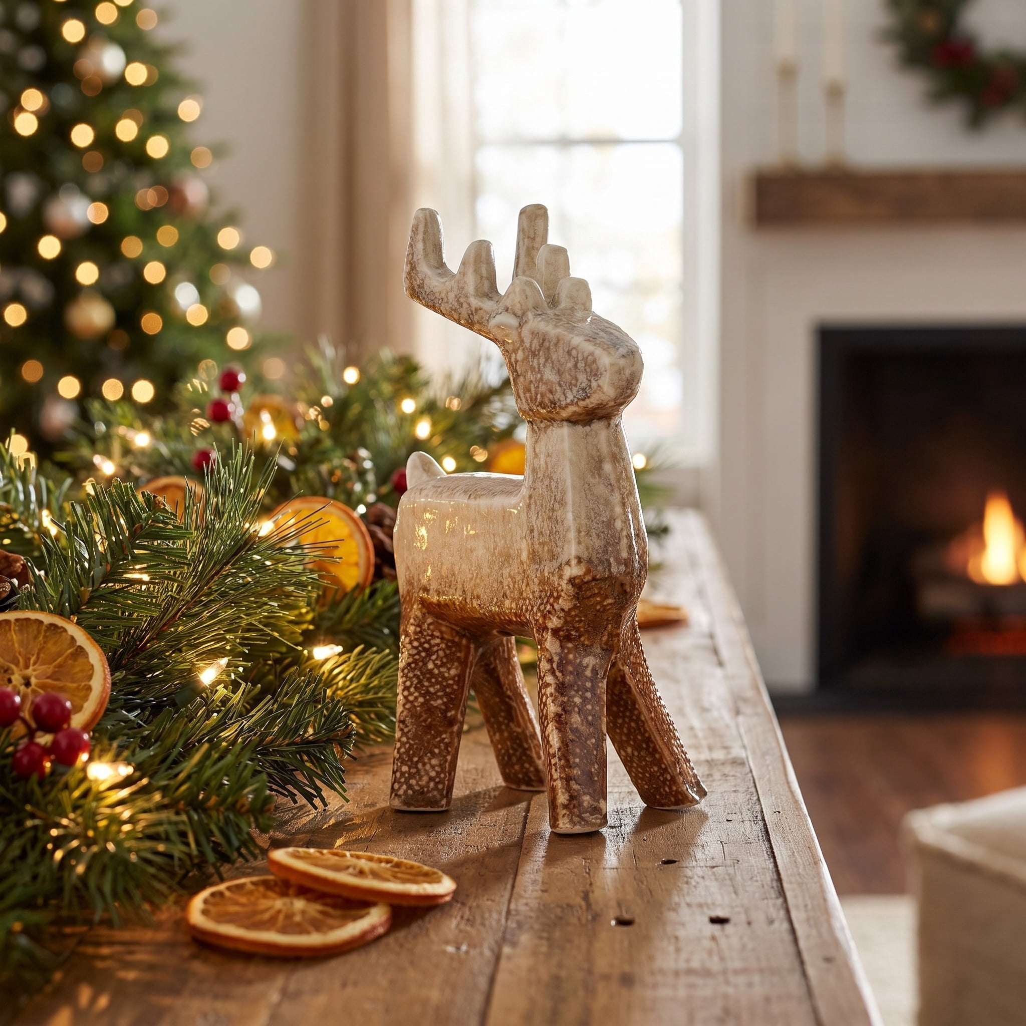 Small Ceramic Standing Deer Christmas Decoration, Cream and Brown, 6.5", by Holiday Time